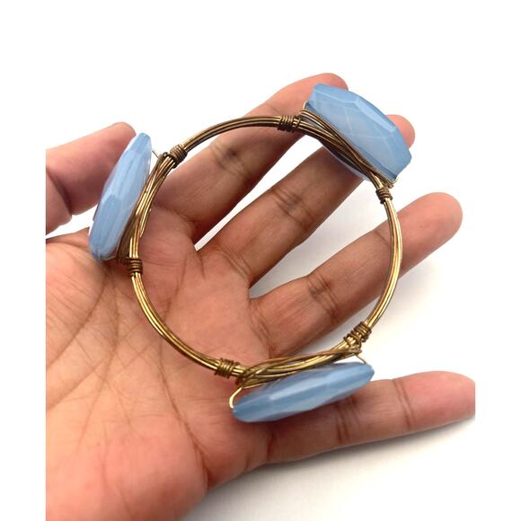 Vintage Blue Faux Stone Wrapped Wire Bangle Bracelet B18 - Picture 2 of 12